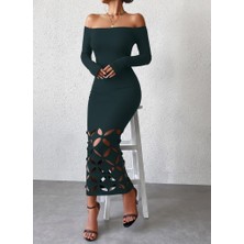 ModaSize Kadın Madonna Yaka Uzun Kollu Lazer Çiçek Kesim Detaylı Uzun Ithal Krep Elbise