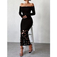 ModaSize Kadın Madonna Yaka Uzun Kollu Lazer Çiçek Kesim Detaylı Uzun Ithal Krep Elbise