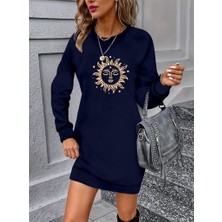 ModaSize Kadın Uzun Kollu Bisiklet Yaka Güneş Desenli Viskon Iki Iplik Elbise