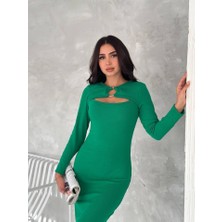 ModaSize Kadın Uzun Kollu Halka ve Pencere Dekolte Detay Fırsat Ürün Midi Boy Elbise