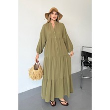 Jee Lee Kadın Düğme Detaylı %100 Pamuklu Uzun Elbise Haki - 26Y 3007