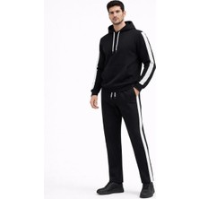 Silerra Erkek Şeritli Eşofman Takım Kapüşonlu Sweatshirt Boru Paça Alt, Oversize 3 Iplik Pamuklu - Siyah