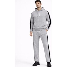Alfanora Erkek Şeritli Eşofman Takım Kapüşonlu Sweatshirt Boru Paça Alt, Oversize 3 Iplik Pamuklu - Gri