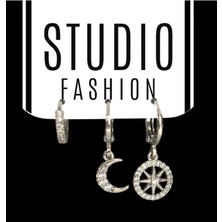 Studio Fashion 1988 Kadın Tasarım Trend Silver Zirkon Taşlı Vıp Seri Çelik Premium Rodyum Kaplama Şık 3'lü Set Küpe