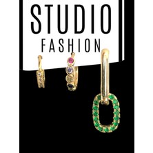 Studio Fashion 1988 Kadın Tasarım Trend Renkli Gold Zirkon Taşlı Vıp Seri Çelik Premium Rodyum Kaplama Şık 3'lü Set Küpe