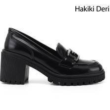 Gönderi(r) Kadın Siyah Rugan  Tokalı Kalın Topuklu Hakiki Deri Ayakkabı