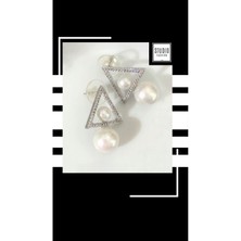 Studio Fashion 1988 Kararmaz Kuyumcu I?şçilik Vip Çelik Premium Rodyum Kaplama Zirkon Taşlı I?nci Tasarım Çivi Küpe