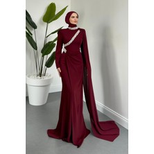 Merven Akyüz Shahrzad Pelerinli Taşlı Abiye Bordo