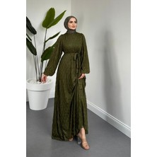 Merven Akyüz Mahbanu Simli Astarlı Balon Kol Elbise Haki