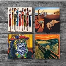 CINARSTORE Salvador Dalí Belleğin Azmi, Picasso Ağlayan Kadın, Çığlık, Yerli Kadınlar Taş Bardak Altlığı Seti - 4 Parça - Dekoratif, Rustik Mutfak Aksesuarı, 10X10 Cm, Kaydırmaz Tabanlı SC323