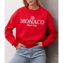 Latal Kadın Kırmızı Bisiklet Yaka Sweatshirt – Monaco Monte Carlo Baskılı Oversize Rahat Kalıp