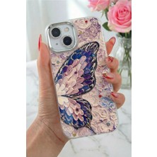 Fibaks iPhone 13 Kılıf Renk Geçişli Taşlı Kamera Lens Korumalı Simli Mor Kelebek Desenli Darbe Emici Kapak
