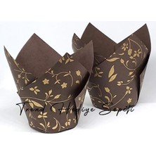 100&APOS;LÜ Klasik Lale Kapsül Kahverengi Altın Yaldızlı Muffin Kek Kalıbı, Parlak Baskılı