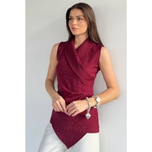 Gülseli Kadın Kruvaze Yaka Taşlı Drapeli Asimetrik Kesim Bluz P-00020101