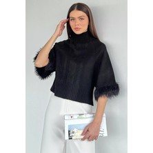 Gülseli Kadın Balıkçı Yaka Kol Peluş Detaylı Triko Bluz P-00020133