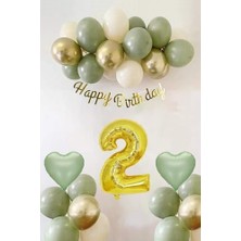 CINARSTORE Patladı Gitti Adaçayı Konsept Doğum Günü Seti; Küf Yeşili-Krom - Deniz Kumu ve Adaçayı Kalp Folyo Balon (2)