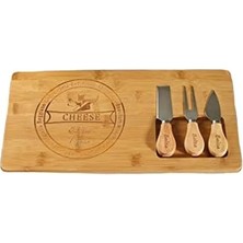 CINARSTORE 4 Parça Bambu Ahşap Peynir Servis Sunum Kesim Seti Peynir Servis Tahtası Spatula Bıçak Çatal
