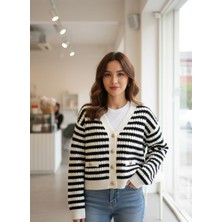 My Lunessa Gold Düğme Siyah Beyaz Çizgili Kısa Triko Hırka