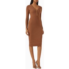 Elisabetta Franchi Ribbed Chest Pocket V Yaka Logo Düğmeli, Triko Midi Elbise