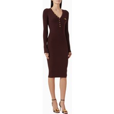 Elisabetta Franchi Ribbed Chest Pocket V Yaka Logo Düğmeli, Triko Midi Elbise