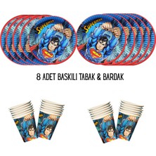 Superman Süper Man Tema Uyumlu Baskılı 8 Kişilik Tabak , Bardak Doğum Günü Set