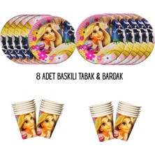 Rapunzel Tema Uyumlu Baskılı 8 Kişilik Tabak , Bardak Doğum Günü Set