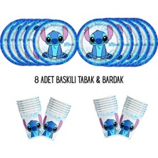 Stitch Lilo & Stiç Tema Uyumlu Baskılı 8 Kişilik Tabak , Bardak Doğum Günü Set