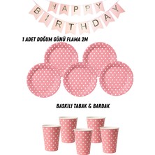 Pembe Pastel Makaron Puantiyeli 16 Kişilik Tabak , Bardak , Flama Bayrak Doğum Günü Set