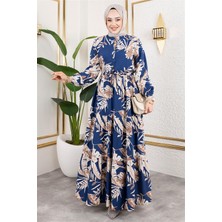 Lizay Palmiye Desenli Tesettür Elbise Indigo - Indigo - 48