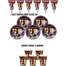Black Pink 8 Kişilik Tabak , Bardak , Flama Bayrak Doğum Günü Set