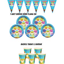 Baby Shark 8 Kişilik Tabak , Bardak , Flama Bayrak Doğum Günü Set