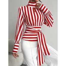 Balva Konsept Kırmızı Beyaz Çizgili Belden Kuşaklı Gömlek Bluz