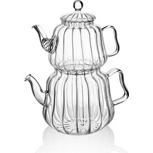 CINARSTORE 2300 ml Büyük Boy Ateşe Dayanıklı Çizgili Süzgeçli Demlik Borosilikat Cam Çaydanlık Takımı