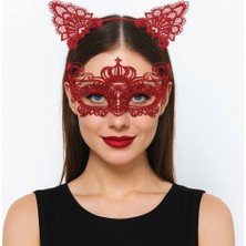 Dinç Store 44 Lüks Kırmızı Dantel Taçlı Maske Seti 2 No - Parti, Balo, Kostüm Aksesuarı DINÇSTORE-4522
