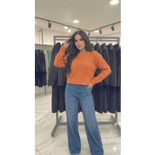 Ribana Classic Kadın Açık Dikiş Örgü Model Uzun Kollu Standart Beden Ajurlu Crop Triko Kazak 4828