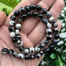 Fasetli Küre Siyah-Bej Akik Taşı 8 mm