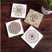 Yaşam Çiçeği, Sri Yantra, Hayat Ağacı Taş Bardak Altlığı Seti - 4 Parça - Dekoratif, Rustik Mutfak Aksesuarı, 10X10 Cm, Kaydırmaz Tabanlı, Şık ve Dayanıklı SC104