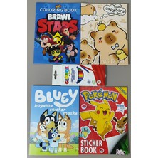 Ada Çanta Kırtasiye 4 Adet Stickerli Boyama Kitabı ve 12'li Kuru Boya Kalemi (Capybara/brawlstars/pocemon/bluey) AD1707