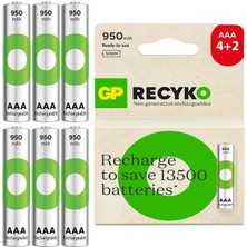 Pazarcan Gp Batteries Recyko 950MAH Aaa Ince Kalem 6 Adet Ni-Mh Şarjlı Pil 1.2 Volt