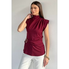 Gülseli Kadın Dik Yaka Bel ve Omuz Drapeli Kemer Detaylı Bluz P-00019473