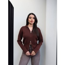 Esra Helvacı Dik Yaka Çift Fermuarlı Triko Hırka