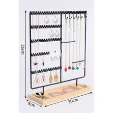 Takı Organizeri, Takı Standı Metal Stand ve Ahşap Taban, 35X30X9.5 Cm, Küpe Kolye Yüzük Düzenleyici, Siyah