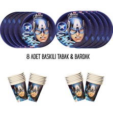 Kaptan Amerika Captain America Tema Uyumlu Baskılı 8 Kişilik Tabak , Bardak Doğum Günü Set