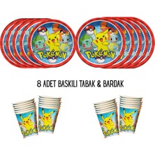 Pokemon Pikachu Tema Uyumlu Baskılı 8 Kişilik Tabak , Bardak Doğum Günü Set