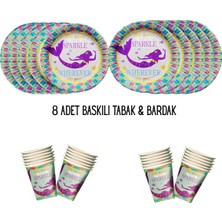 Deniz Kızı Tema Uyumlu Baskılı 8 Kişilik Tabak , Bardak Doğum Günü Set