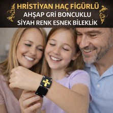 Hristiyan Haç Figürlü Ahşap Gri Boncuklu Siyah Renk Esnek Bileklik