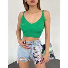 Egecen V Yaka Askılı Crop Triko Büstiyer Yeşil - DF2202