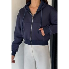 Gülseli Kadın Kapüşonlu Şardonlu Ön Fermuarlı Crop Top Sweatshirt P-00018833
