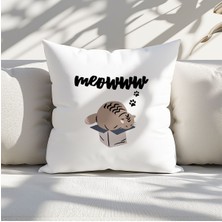 Qoeuyl Boutique Meoww Sevimli Kedi Baskılı Hediyelik Elyaf Dolgulu Saten Dekoratif Yastık