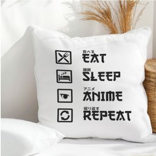 Qoeuyl Boutique Eat Sleep Anime Repeat Anime Baskılı Elyaf Dolgulu Hediyelik Yastık